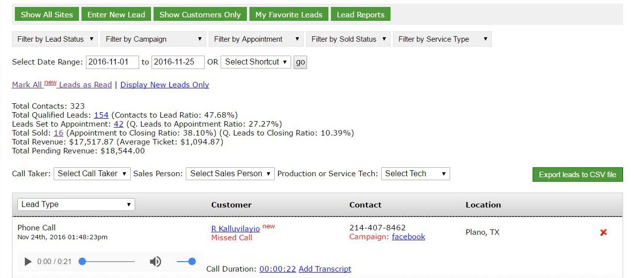 Lead Management Screen